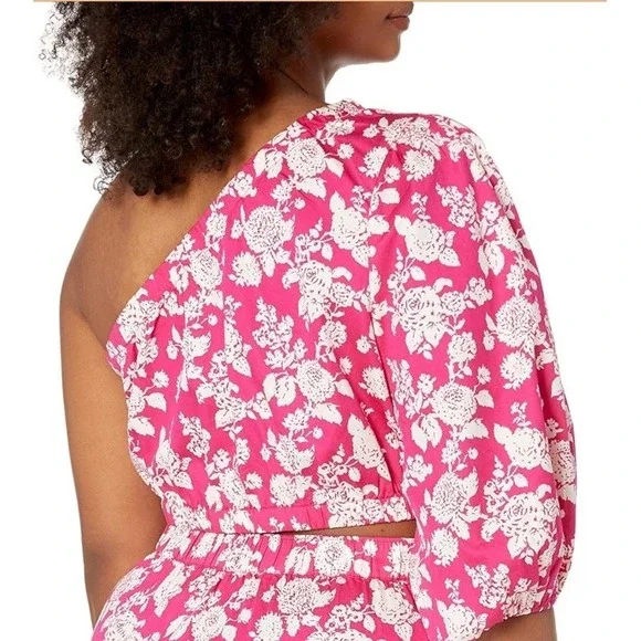 The Drop Anupa One Shoulder Puff Sleeve Crop Top Women's Small Hot Pink Floral - Picture 5 of 6